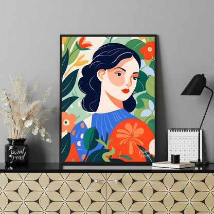 This captivating digital illustration features a stylized portrait of a woman with dark hair and a … for office