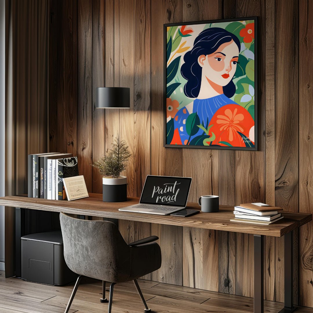 This captivating digital illustration features a stylized portrait of a woman with dark hair and a … for office