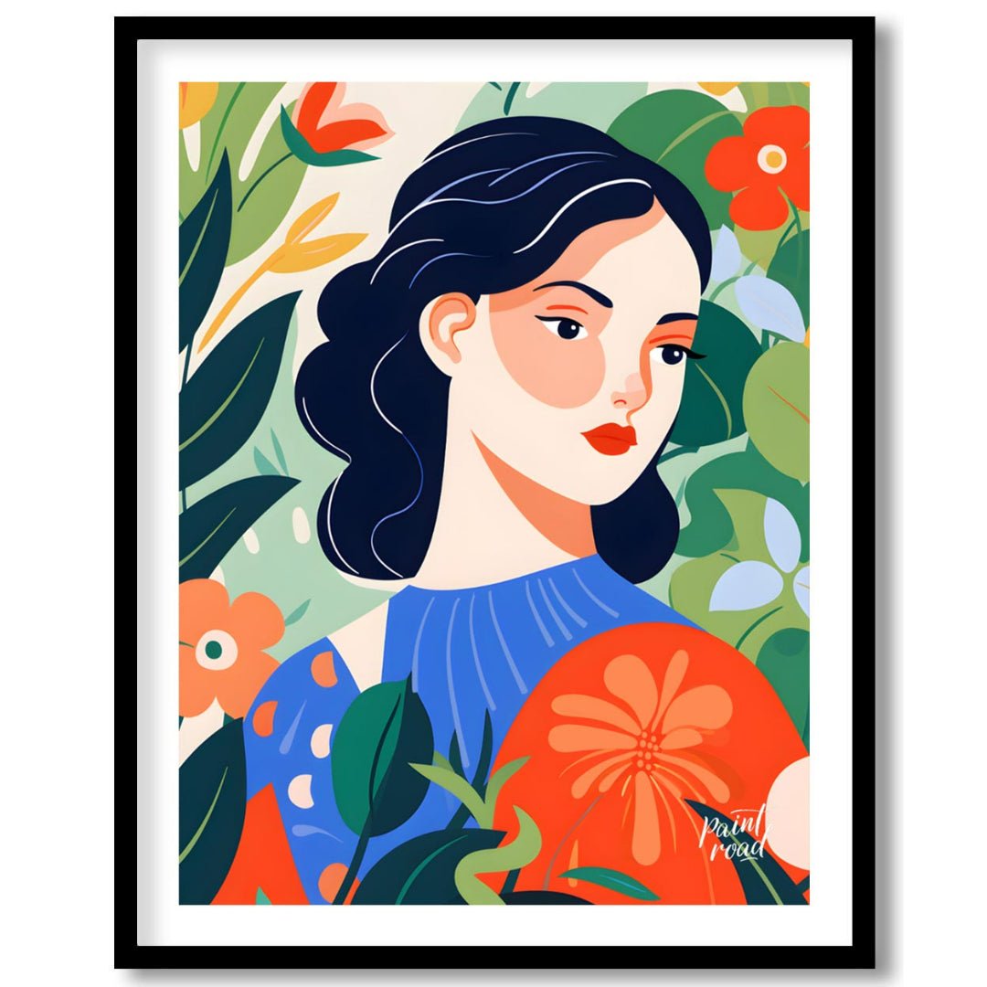 This captivating digital illustration features a stylized portrait of a woman with dark hair and a … for room