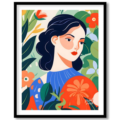 This captivating digital illustration features a stylized portrait of a woman with dark hair and a … for room