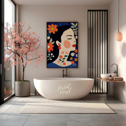 This captivating digital illustration features a stylized portrait of a woman in profile, surrounde… for bathroom