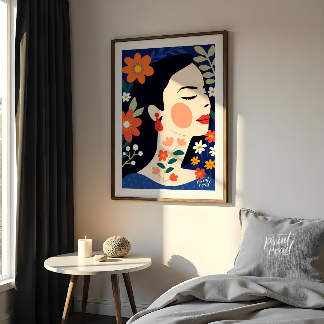 This captivating digital illustration features a stylized portrait of a woman in profile, surrounde… for bedroom