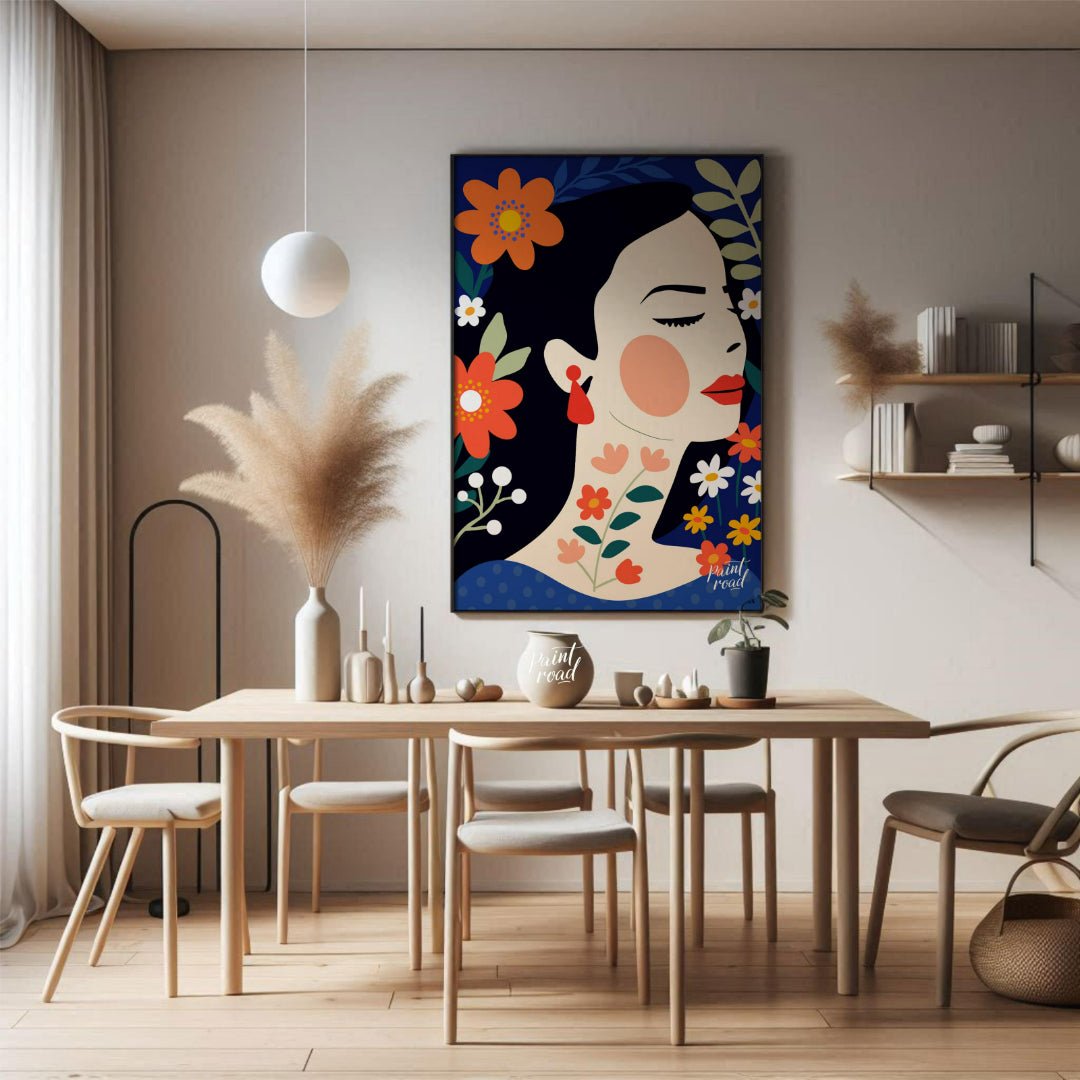This captivating digital illustration features a stylized portrait of a woman in profile, surrounde… for dining room