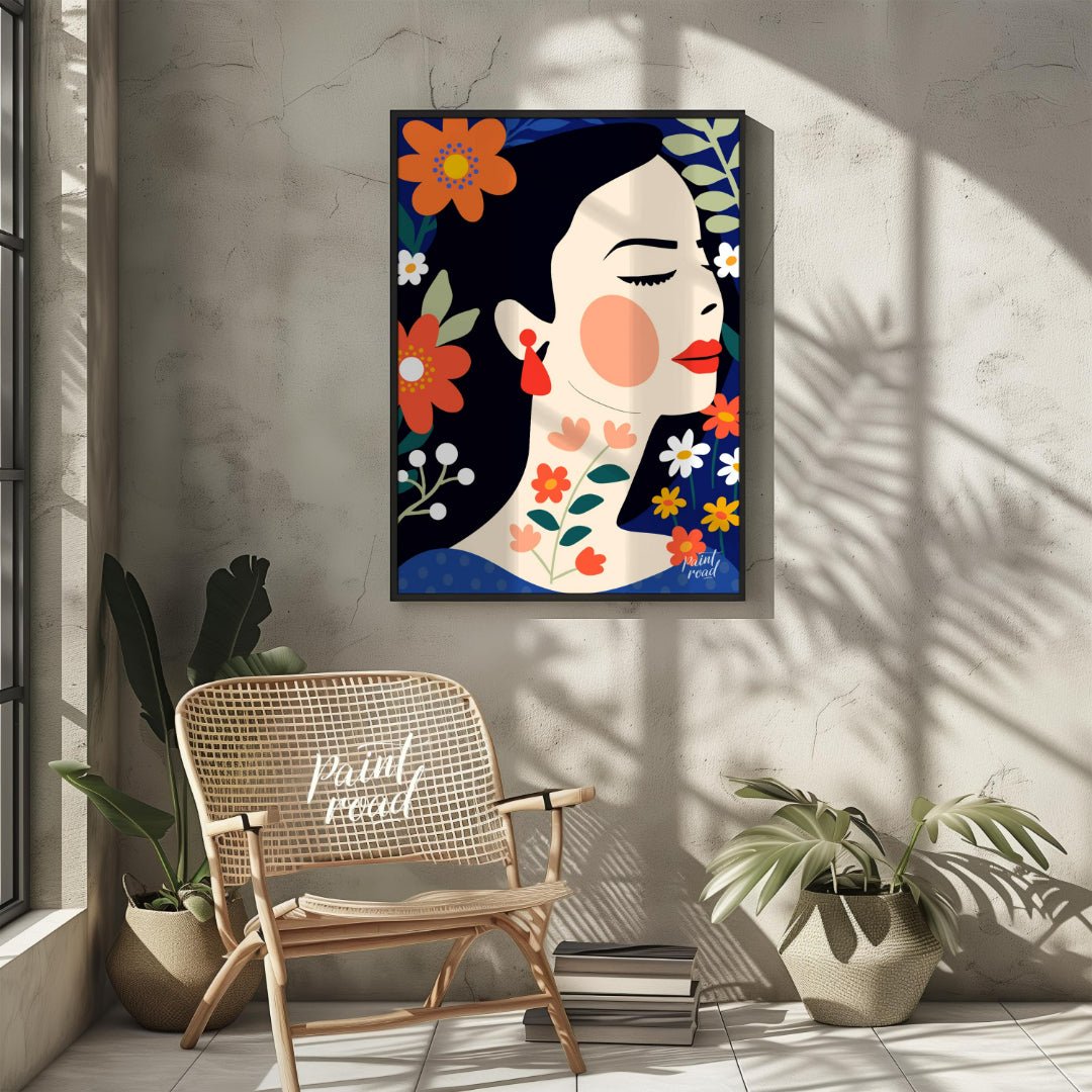 This captivating digital illustration features a stylized portrait of a woman in profile, surrounde… for living room