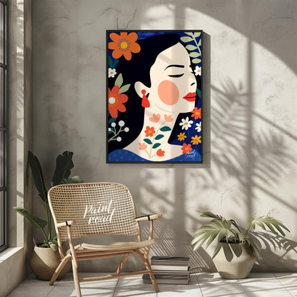 This captivating digital illustration features a stylized portrait of a woman in profile, surrounde… for living room