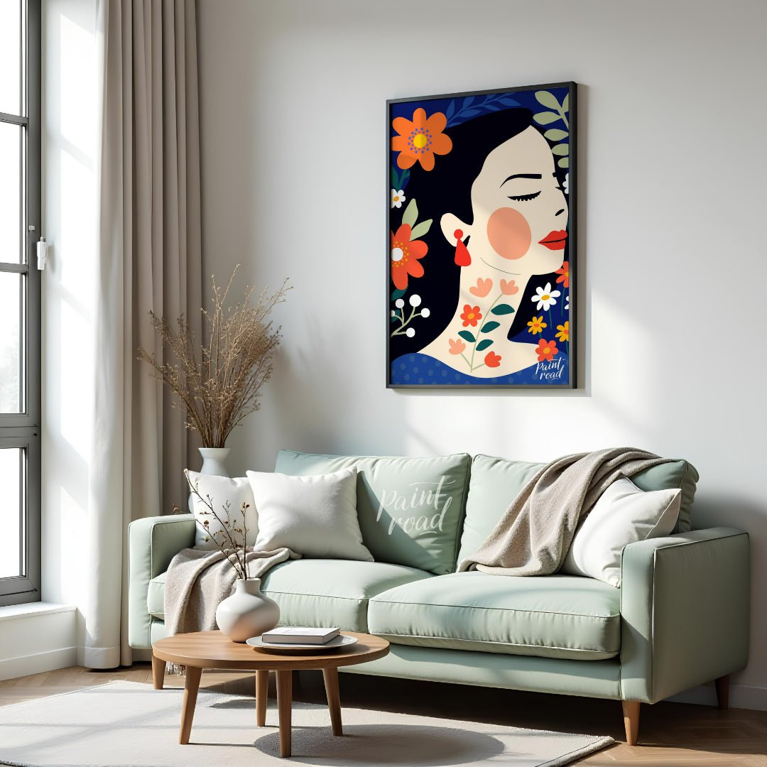This captivating digital illustration features a stylized portrait of a woman in profile, surrounde… for living room