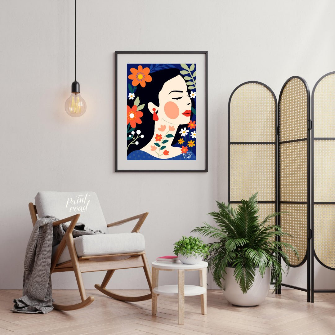 This captivating digital illustration features a stylized portrait of a woman in profile, surrounde… for living room
