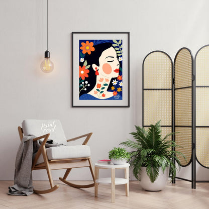 This captivating digital illustration features a stylized portrait of a woman in profile, surrounde… for living room