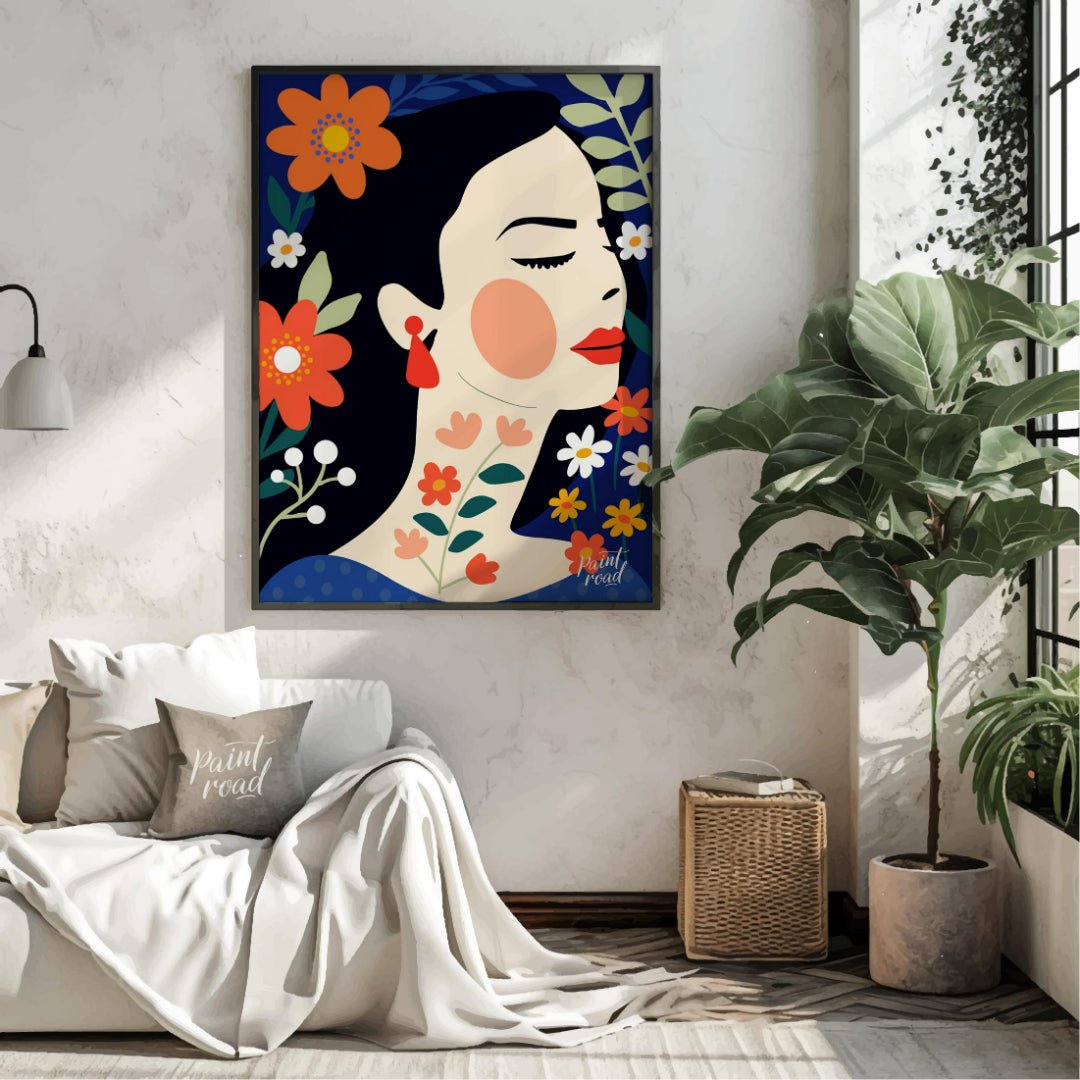 This captivating digital illustration features a stylized portrait of a woman in profile, surrounde… for living room
