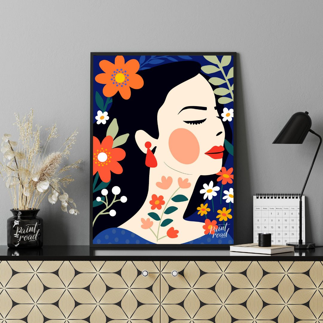 This captivating digital illustration features a stylized portrait of a woman in profile, surrounde… for office