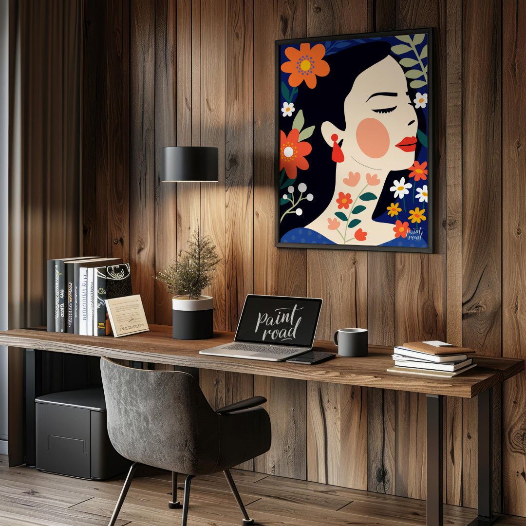 This captivating digital illustration features a stylized portrait of a woman in profile, surrounde… for office