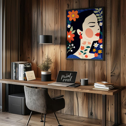 This captivating digital illustration features a stylized portrait of a woman in profile, surrounde… for office