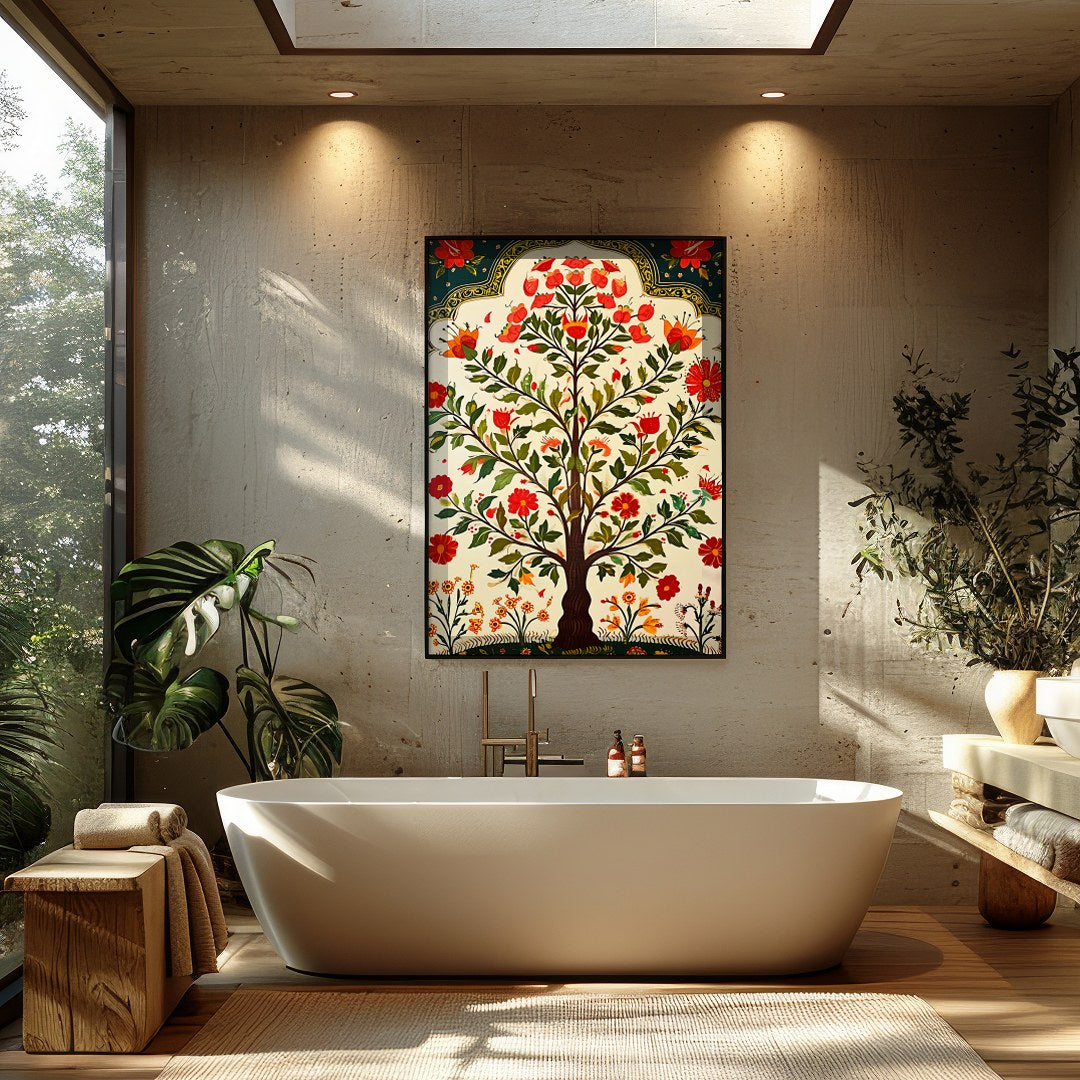 Immerse yourself in the vibrant allure of this 'Floral Oasis: Tree of Life' artwork. Featuring for Bathroom