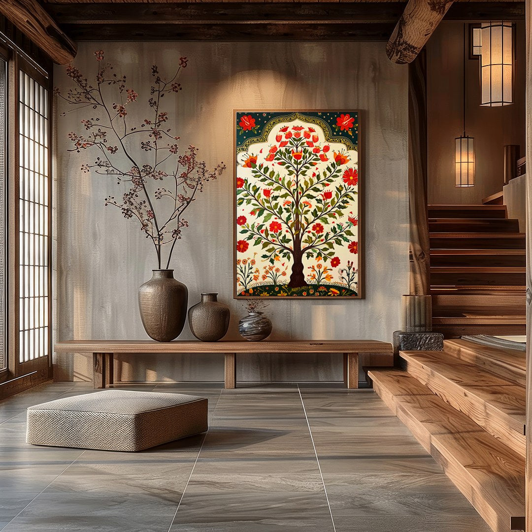 Immerse yourself in the vibrant allure of this 'Floral Oasis: Tree of Life' artwork. Featuring for Hall