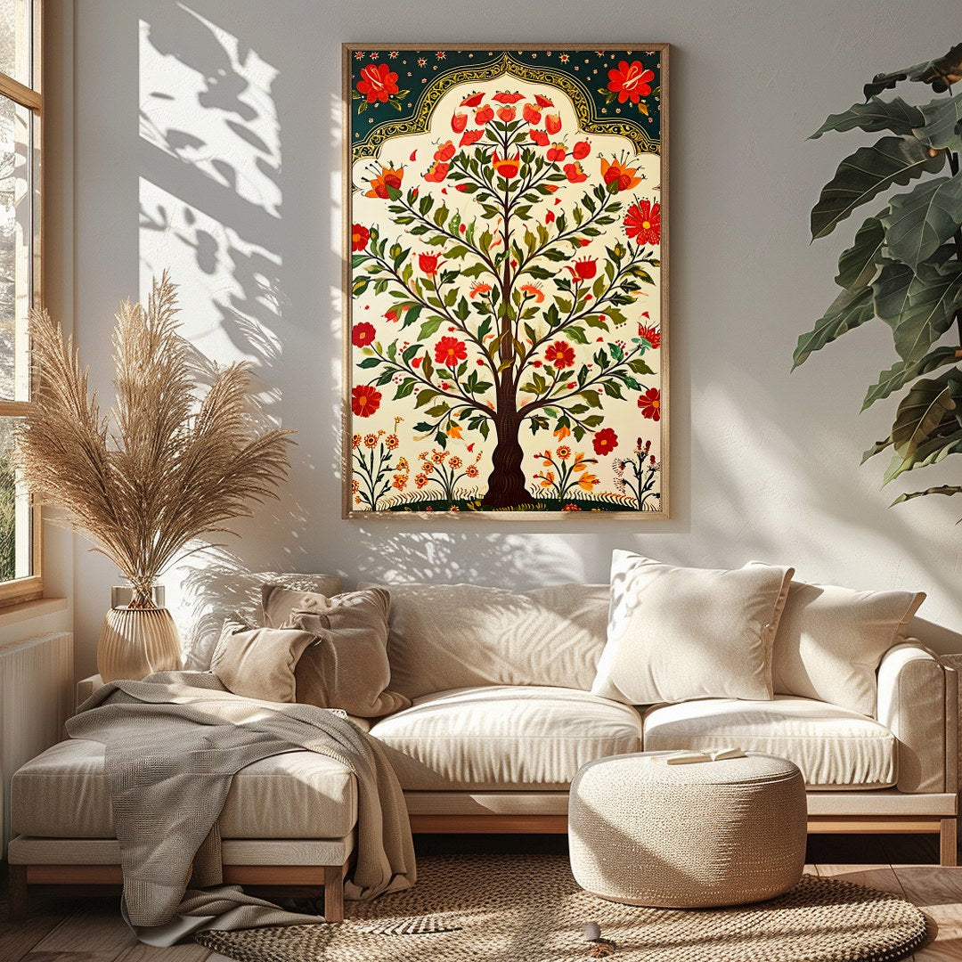 Experience the charm of nature with this vibrant 'Tree of Life' artwork, where intricate floral for Sitting Area