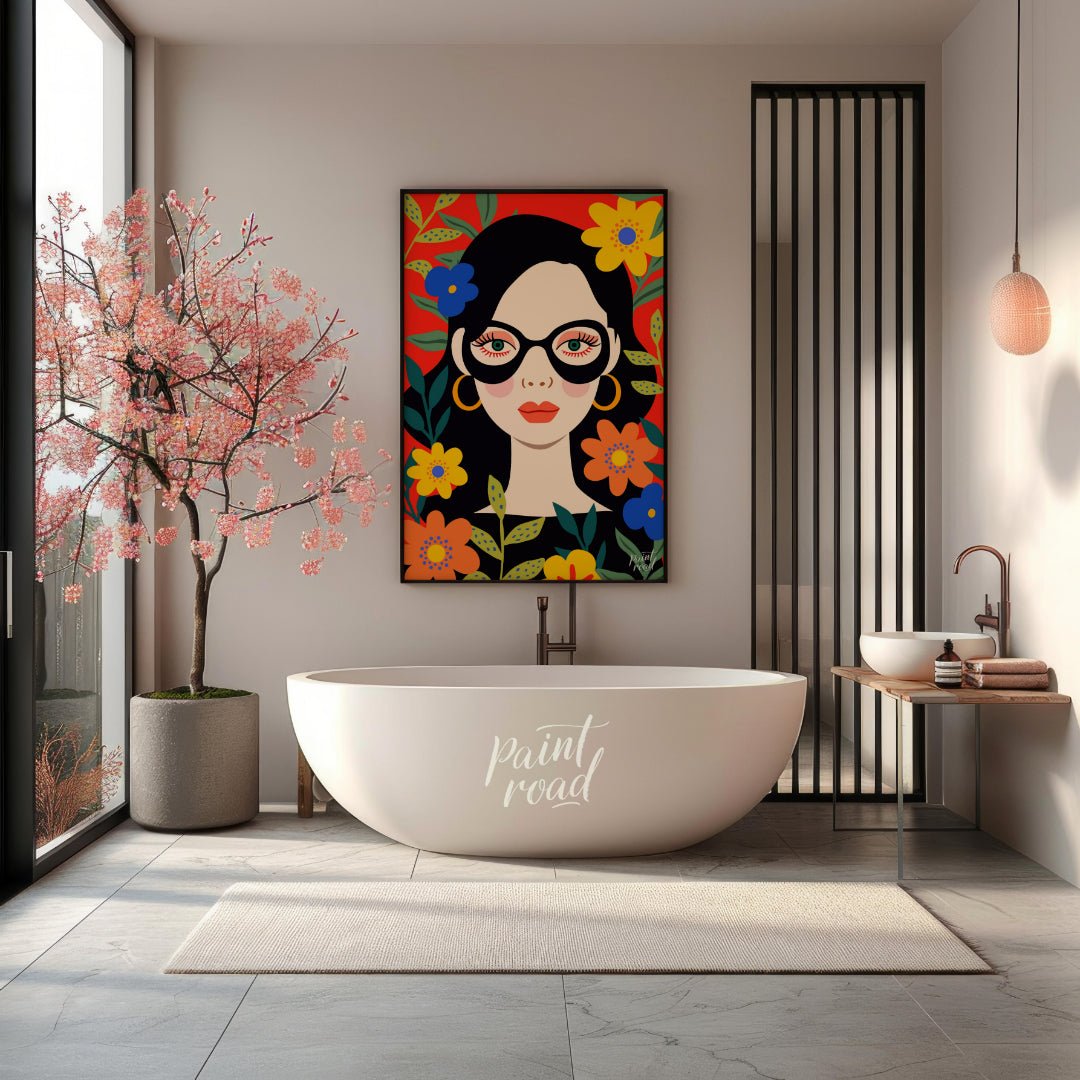 This vibrant digital illustration features a stylized portrait of a woman with dark hair and large,… for bathroom