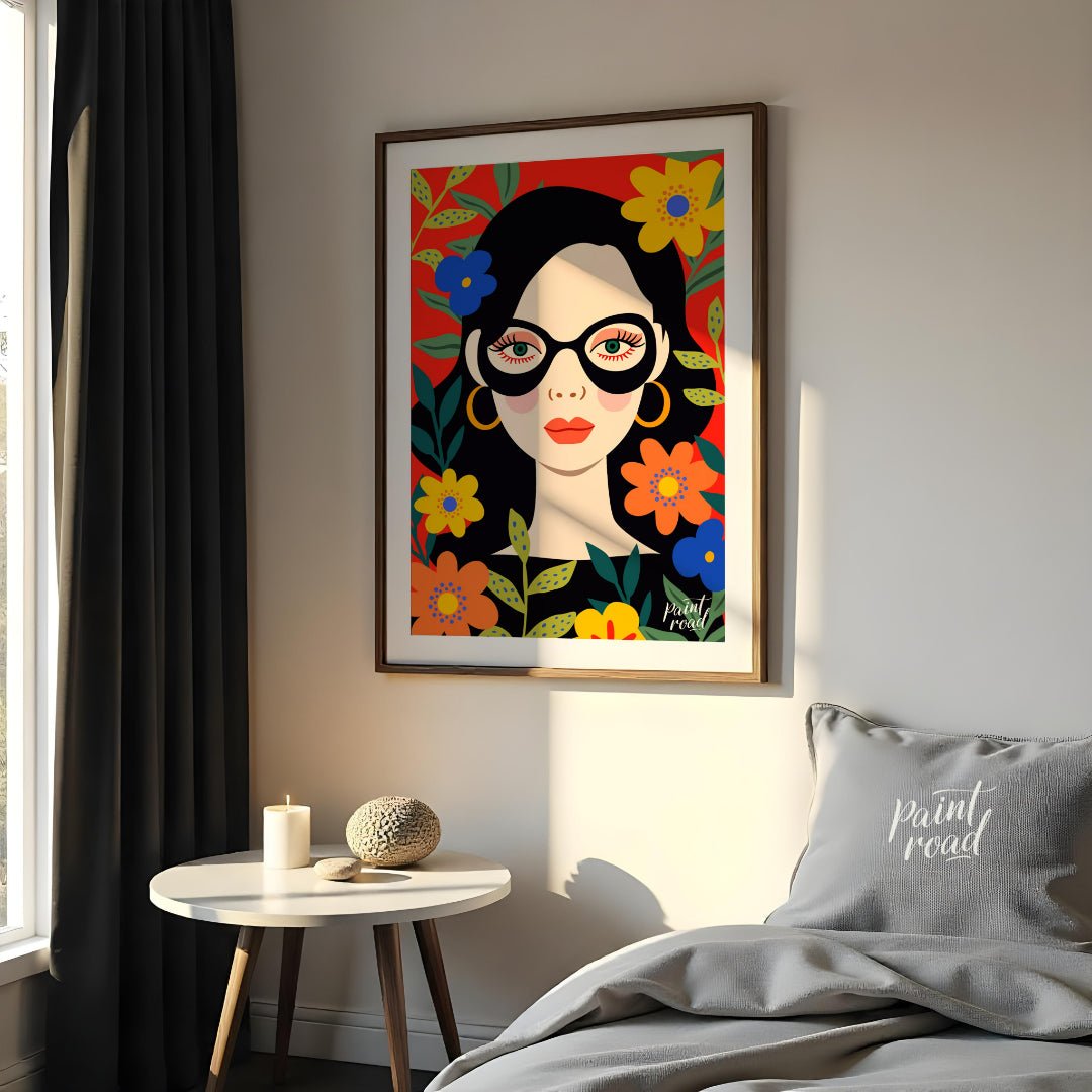 This vibrant digital illustration features a stylized portrait of a woman with dark hair and large,… for bedroom
