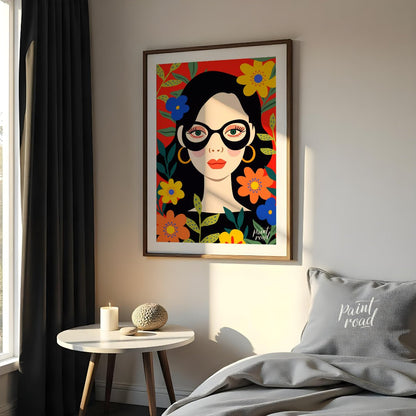 This vibrant digital illustration features a stylized portrait of a woman with dark hair and large,… for bedroom
