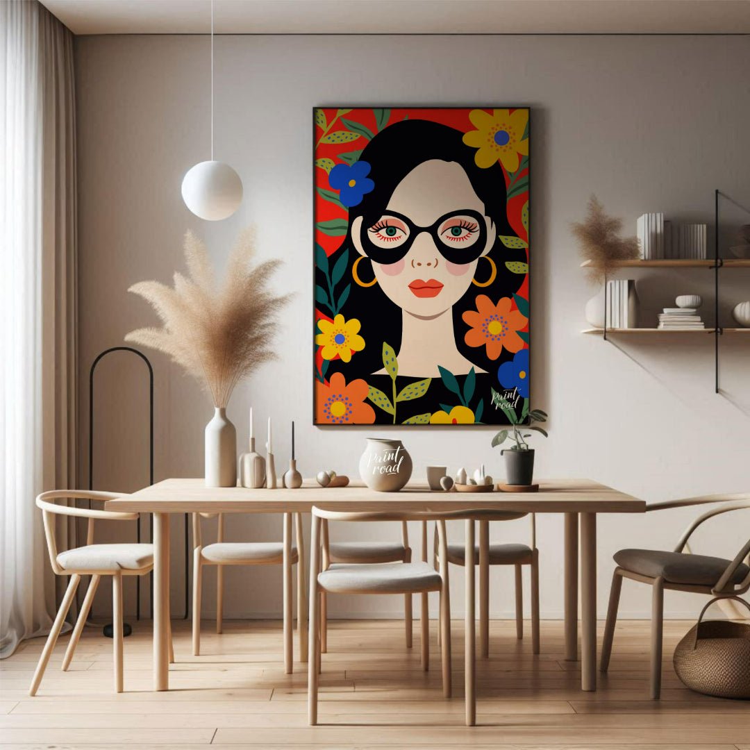 This vibrant digital illustration features a stylized portrait of a woman with dark hair and large,… for dining room