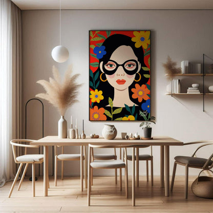 This vibrant digital illustration features a stylized portrait of a woman with dark hair and large,… for dining room