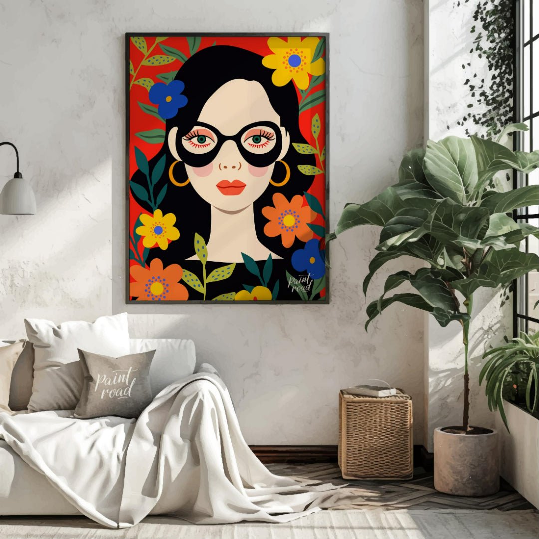 This vibrant digital illustration features a stylized portrait of a woman with dark hair and large,… for living room