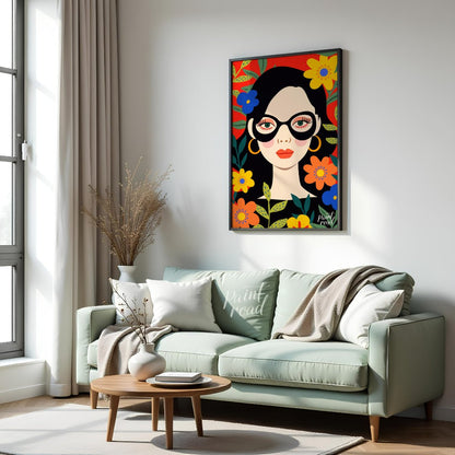 This vibrant digital illustration features a stylized portrait of a woman with dark hair and large,… for living room