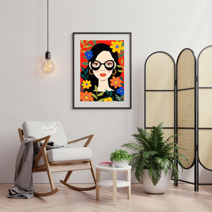 This vibrant digital illustration features a stylized portrait of a woman with dark hair and large,… for living room