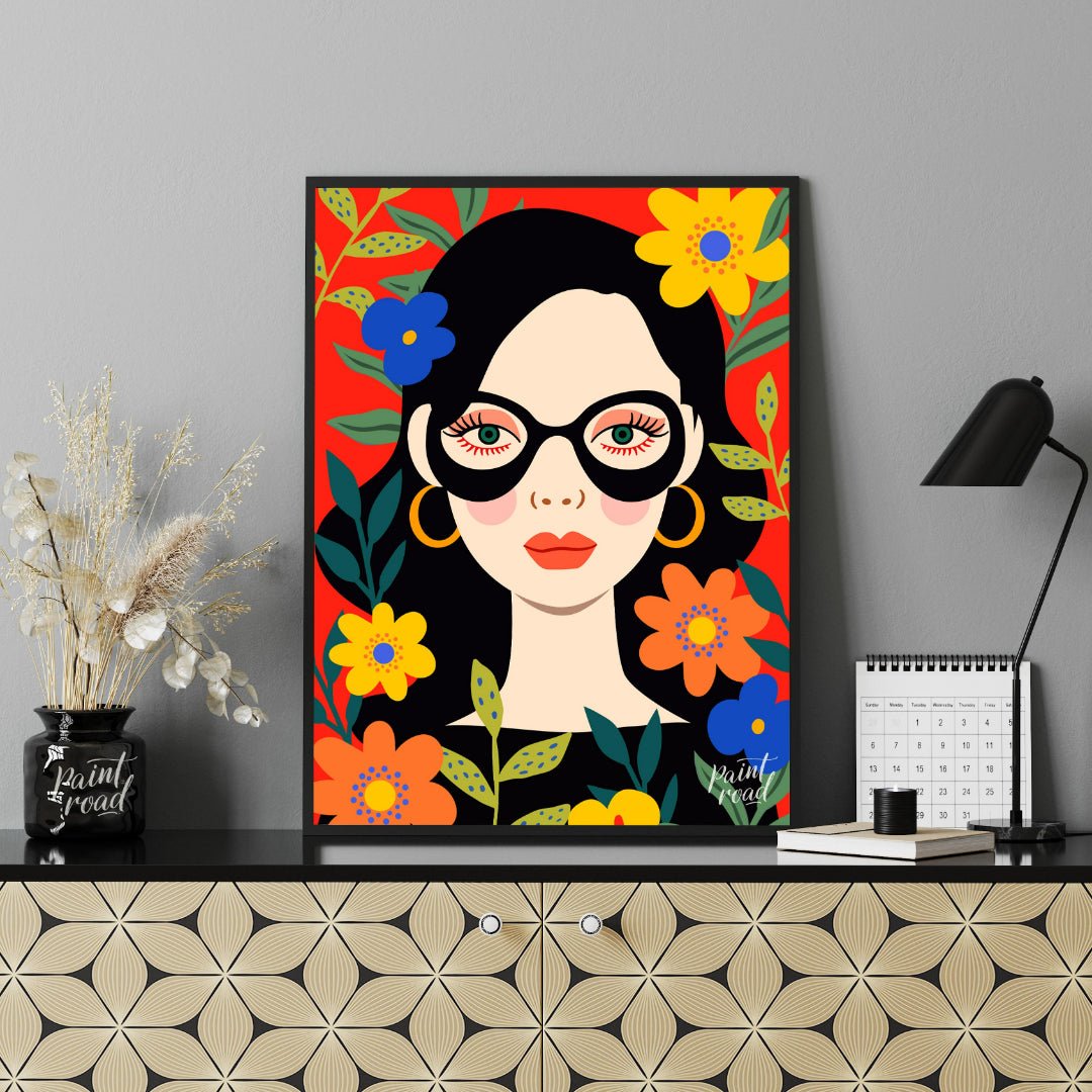 This vibrant digital illustration features a stylized portrait of a woman with dark hair and large,… for office
