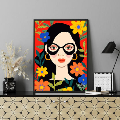 This vibrant digital illustration features a stylized portrait of a woman with dark hair and large,… for office