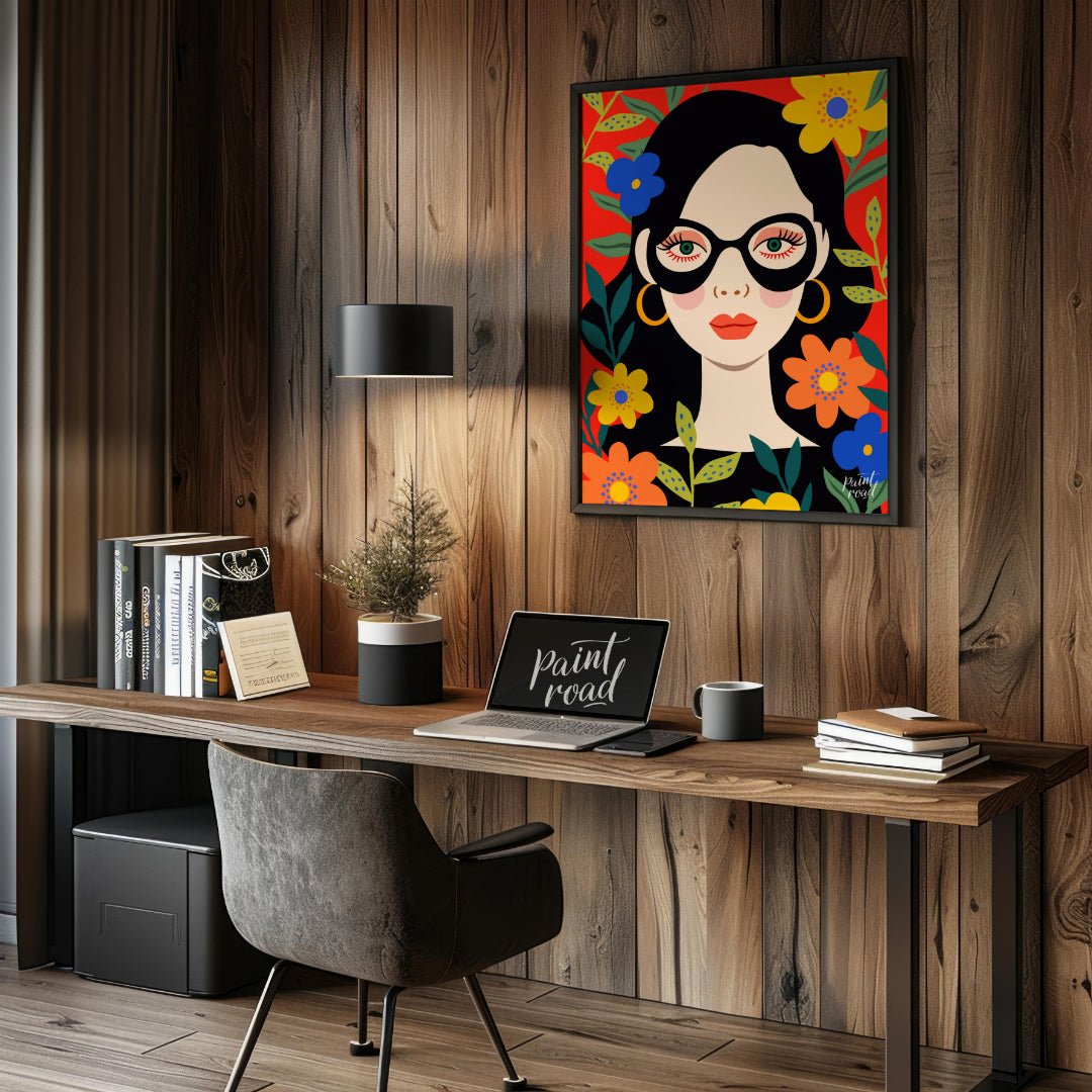 This vibrant digital illustration features a stylized portrait of a woman with dark hair and large,… for office