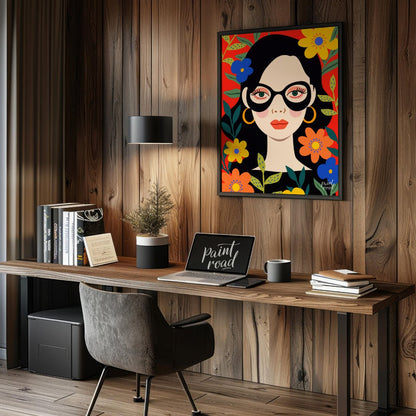 This vibrant digital illustration features a stylized portrait of a woman with dark hair and large,… for office