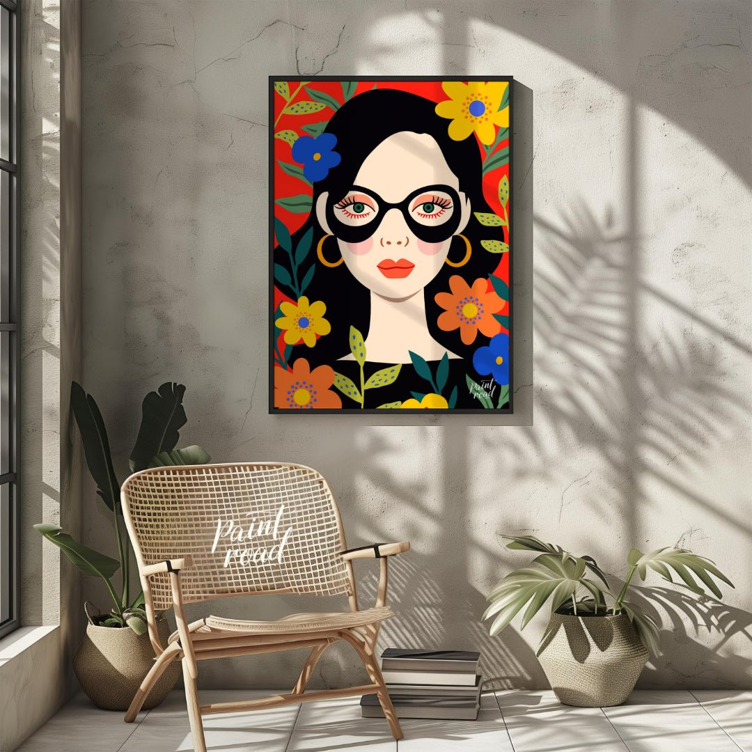 This vibrant digital illustration features a stylized portrait of a woman with dark hair and large,… for other