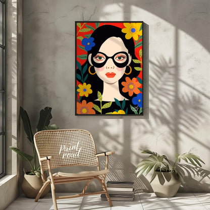 This vibrant digital illustration features a stylized portrait of a woman with dark hair and large,… for other