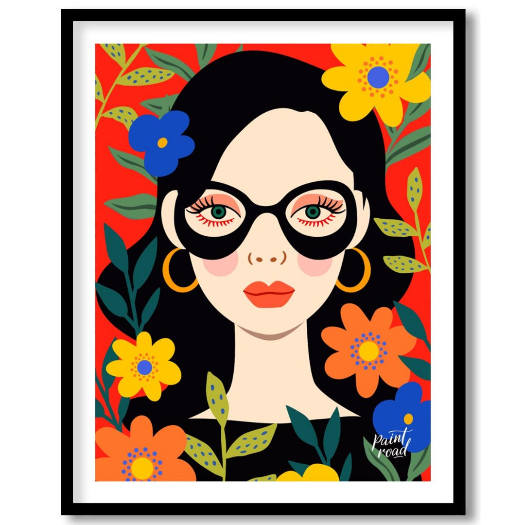 This vibrant digital illustration features a stylized portrait of a woman with dark hair and large,… for sweet home