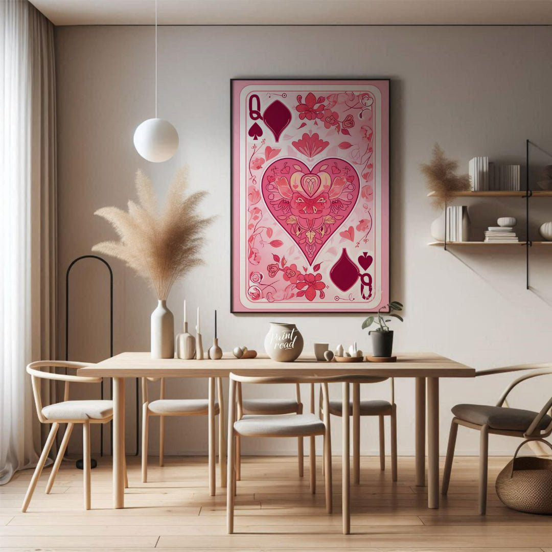 This whimsical digital illustration reimagines the Queen of Spades playing card with a floral twist… for dining room