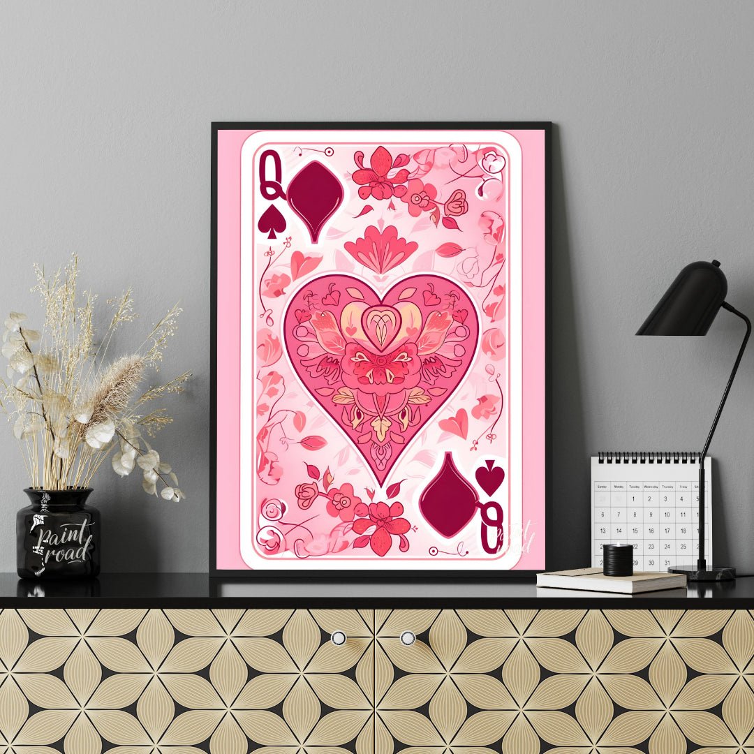 This whimsical digital illustration reimagines the Queen of Spades playing card with a floral twist… for office