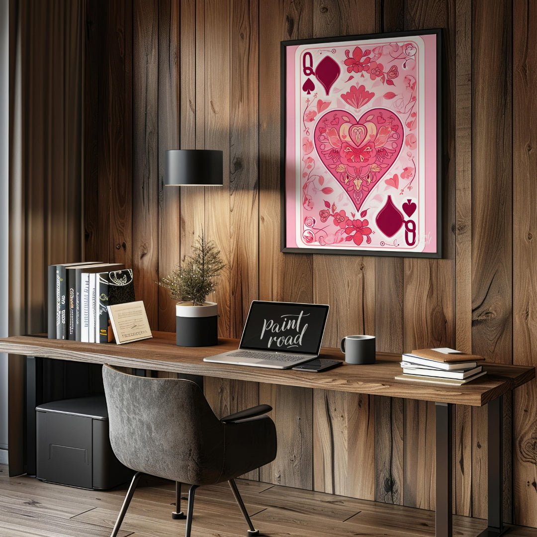 This whimsical digital illustration reimagines the Queen of Spades playing card with a floral twist… for office