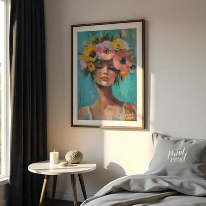 This painting captures a moment of serene beauty with a woman adorned in a vibrant crown of colorfu… for bedroom