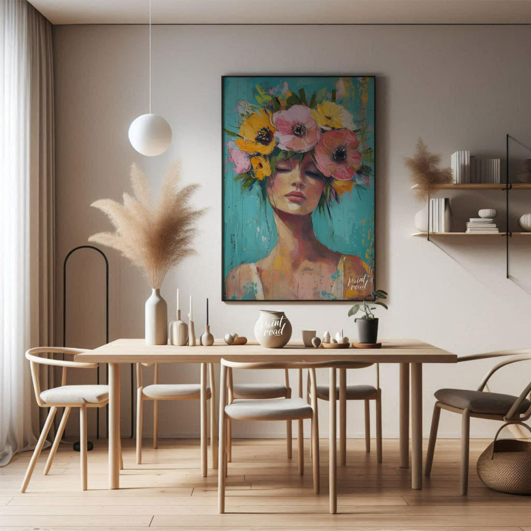 This painting captures a moment of serene beauty with a woman adorned in a vibrant crown of colorfu… for dining room