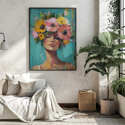This painting captures a moment of serene beauty with a woman adorned in a vibrant crown of colorfu… for living room