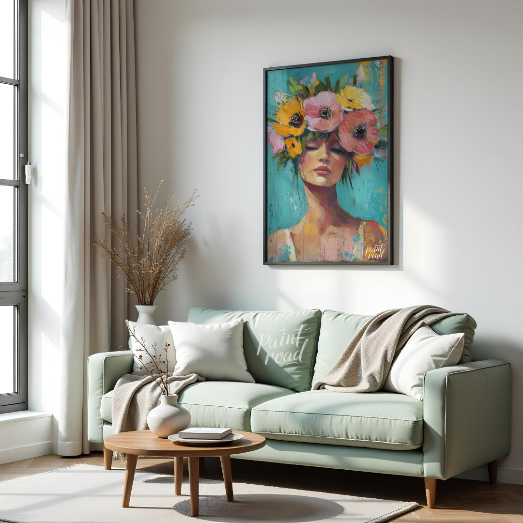 This painting captures a moment of serene beauty with a woman adorned in a vibrant crown of colorfu… for living room