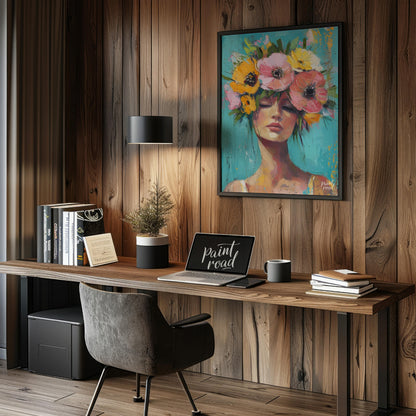 This painting captures a moment of serene beauty with a woman adorned in a vibrant crown of colorfu… for office
