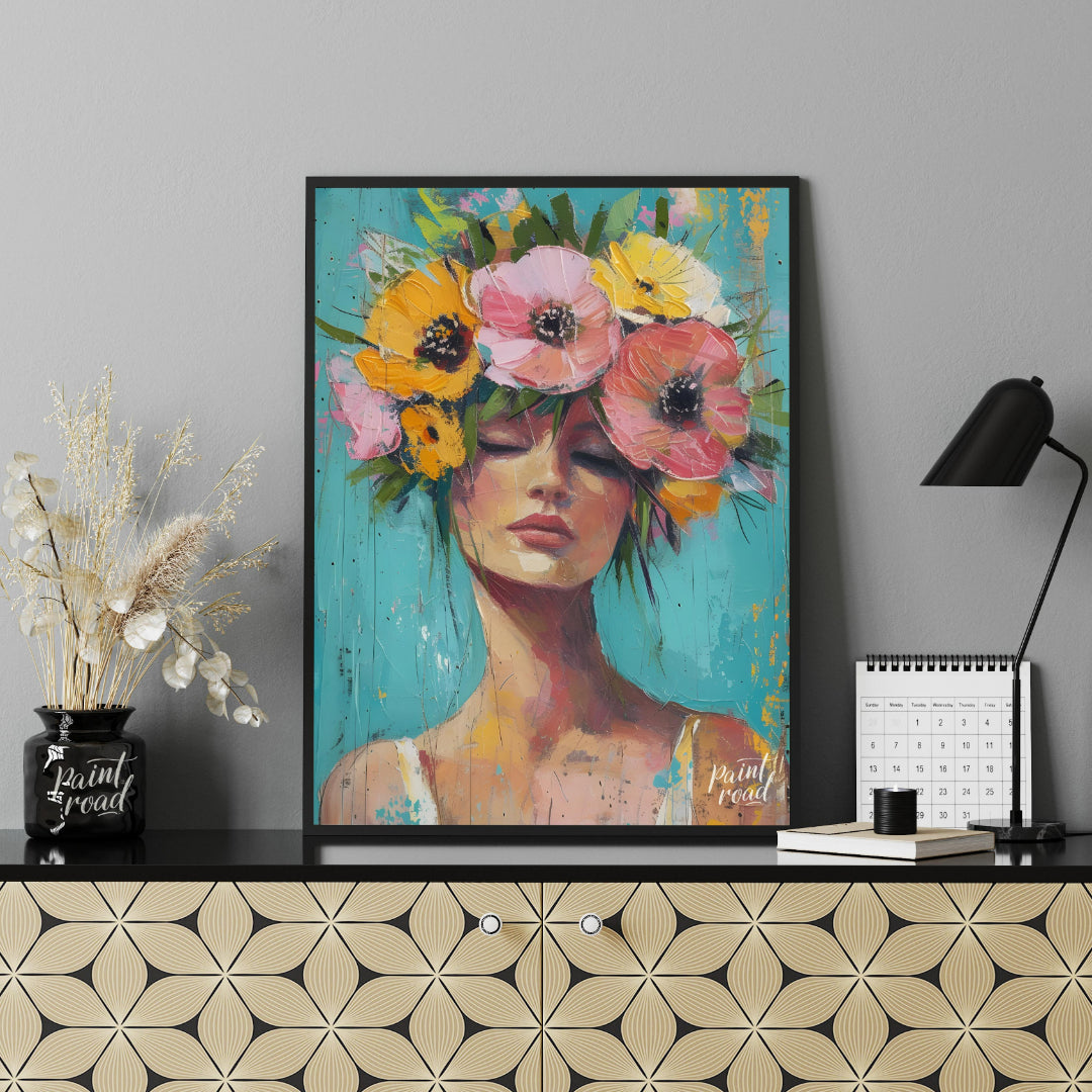 This painting captures a moment of serene beauty with a woman adorned in a vibrant crown of colorfu… for office
