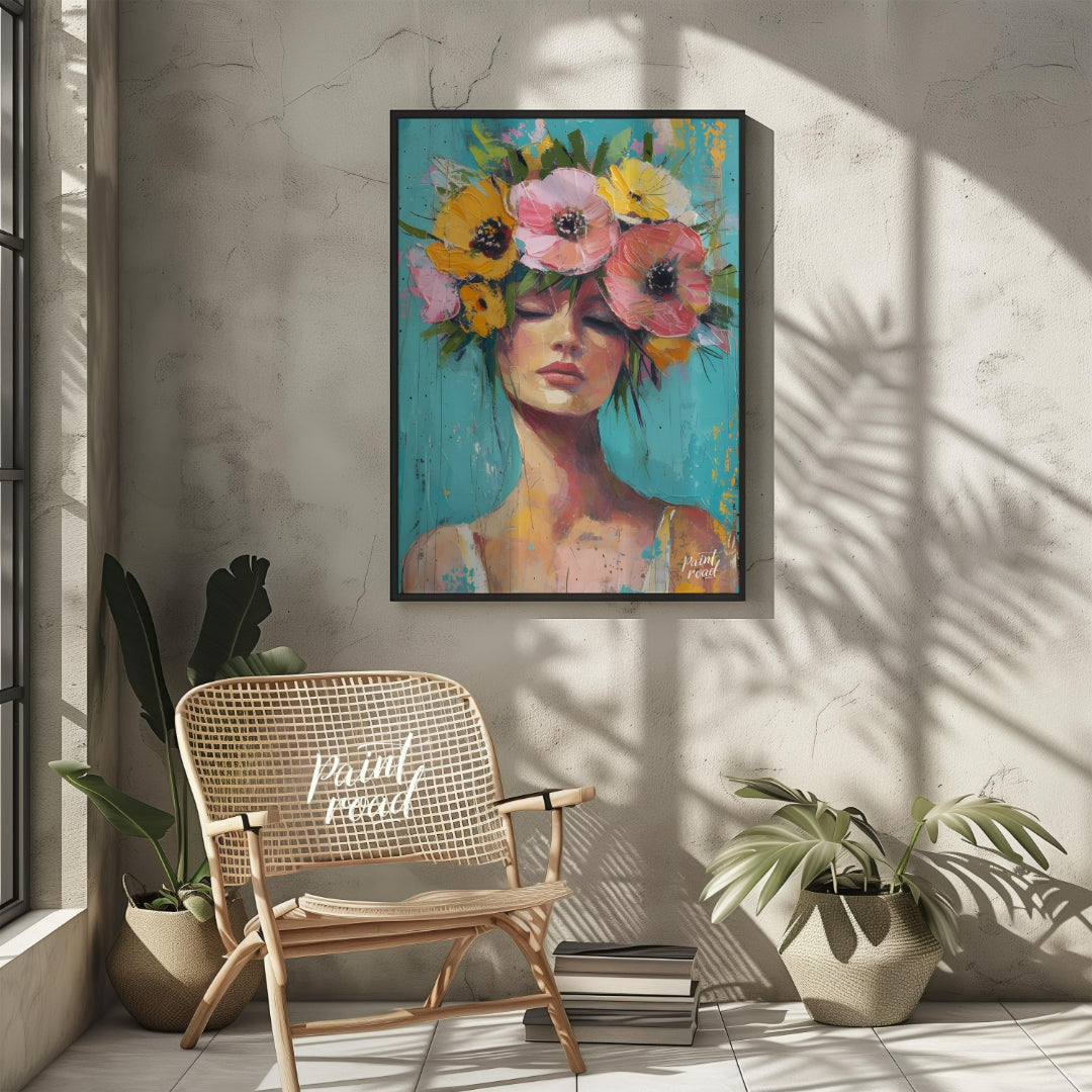 This painting captures a moment of serene beauty with a woman adorned in a vibrant crown of colorfu… for other
