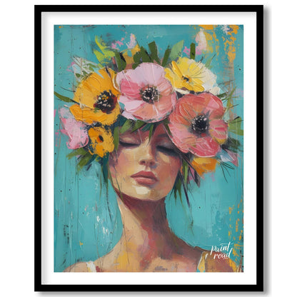 This painting captures a moment of serene beauty with a woman adorned in a vibrant crown of colorfu… for space