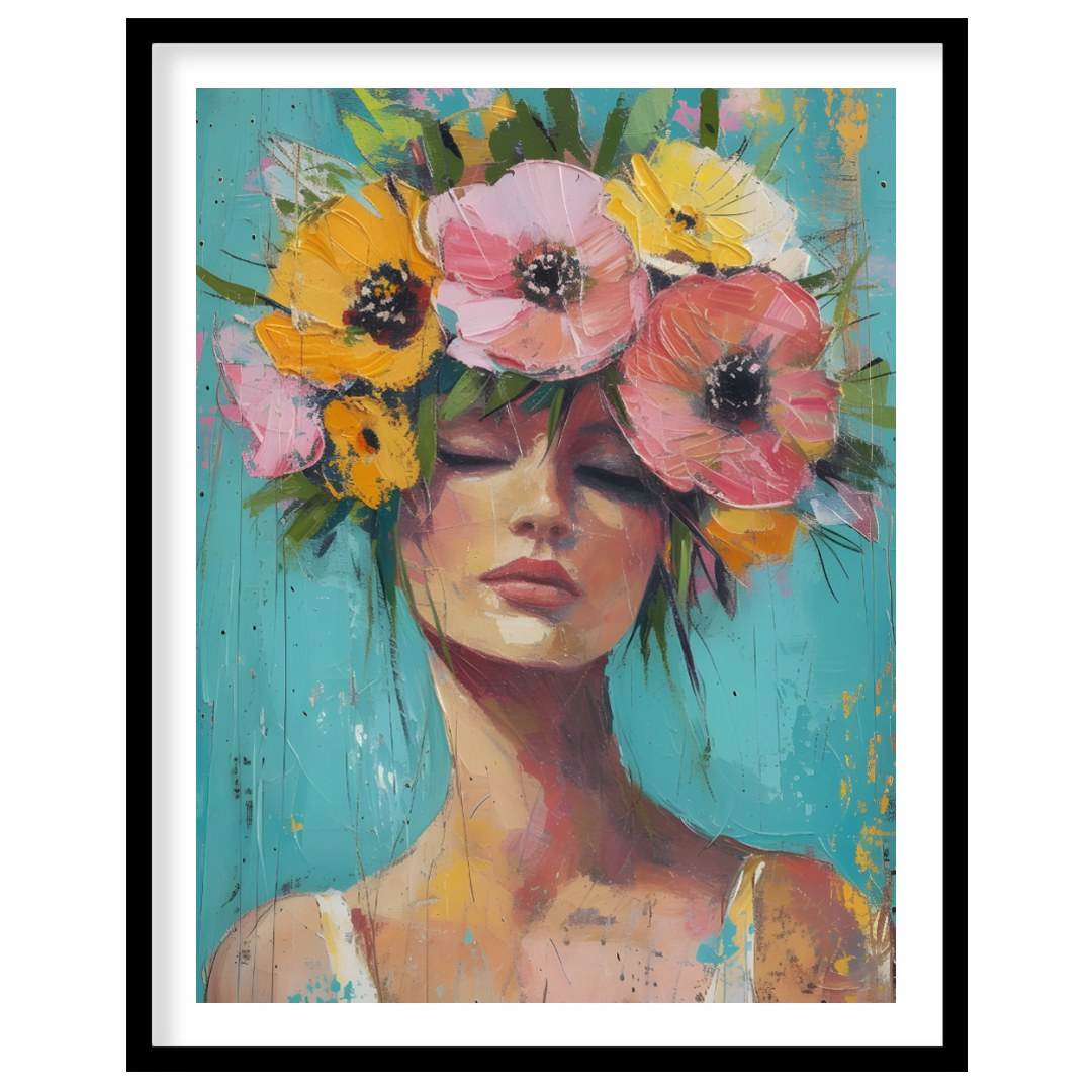 This painting captures a moment of serene beauty with a woman adorned in a vibrant crown of colorfu… for space