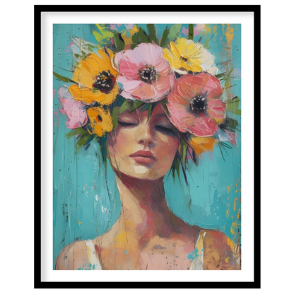 This painting captures a moment of serene beauty with a woman adorned in a vibrant crown of colorfu… for space