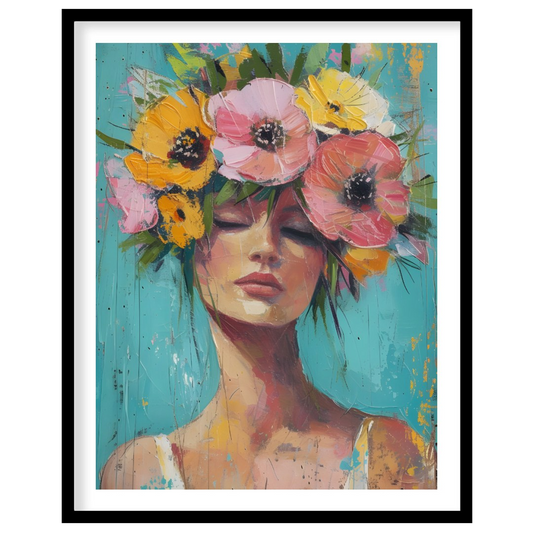 This painting captures a moment of serene beauty with a woman adorned in a vibrant crown of colorfu… for space