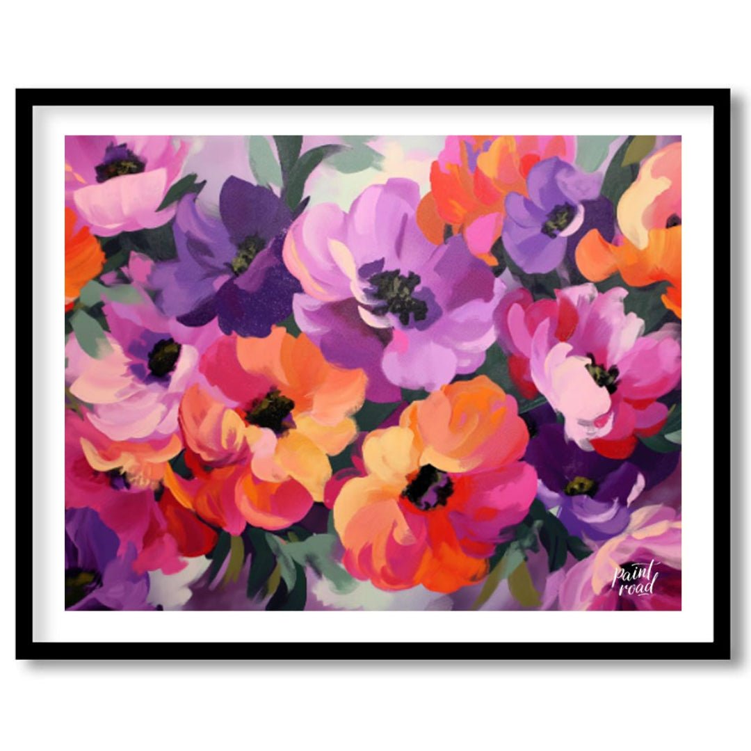 "Floral Rhapsody" presents a vibrant bouquet of flowers rendered in a lush, painterly style. The ar… for abode
