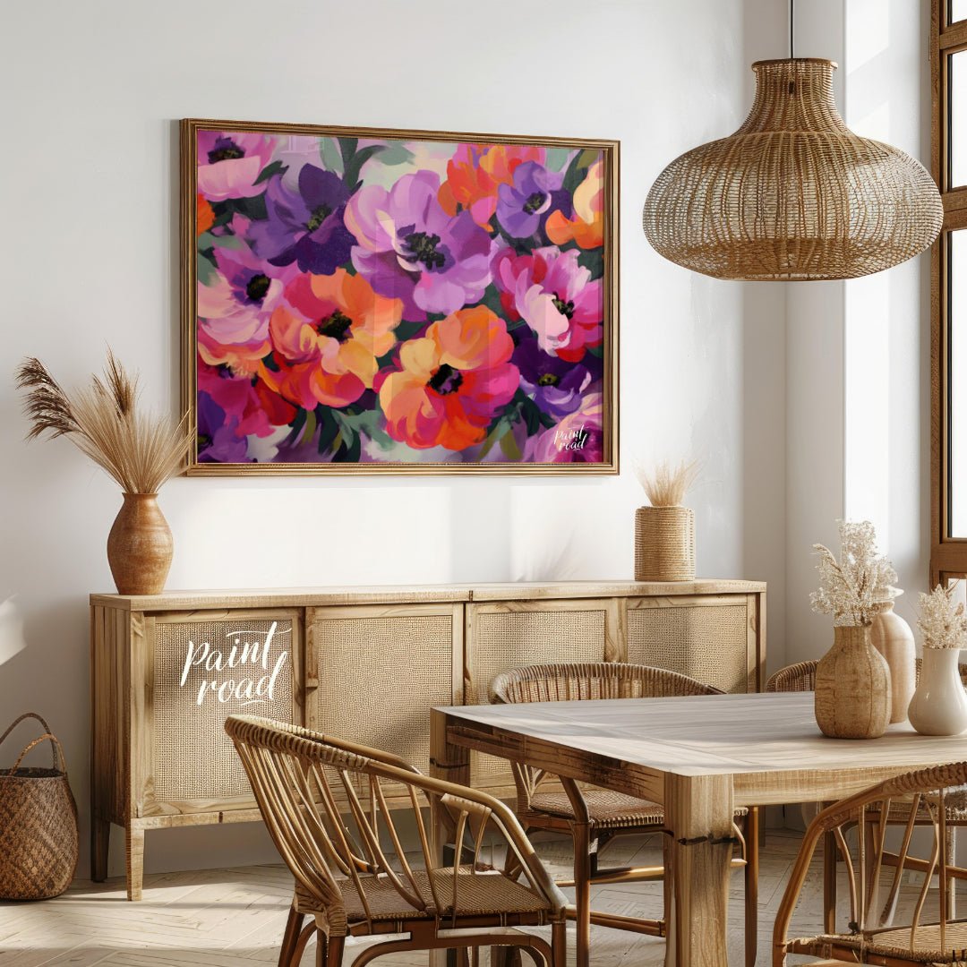 "Floral Rhapsody" presents a vibrant bouquet of flowers rendered in a lush, painterly style. The ar… for dining room